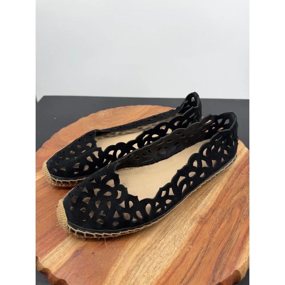 Via Spiga Espadrille Flats Womens 8 Black Laser Cut‎ Suede Scalloped